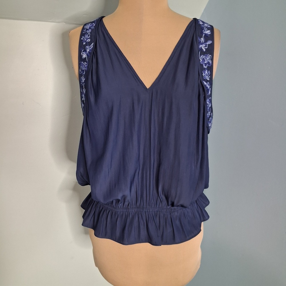 Ramy Brook Satin Blue Embroidered Sleeveless Smocked Peplum Top Large NWT